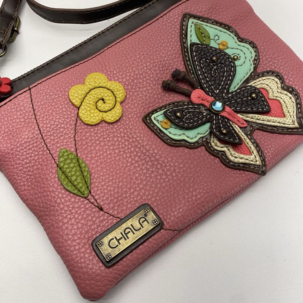 CHALA BUTTERFLY MINI CROSSBODY Strap Clutch Purse Teal Dot Pink Brown Spring Bag - Picture 2 of 14